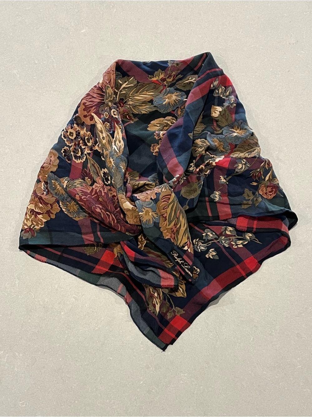Ralph Lauren Silk Vintage Floral Plaid Satin Scarf Skirt - Navy Multi